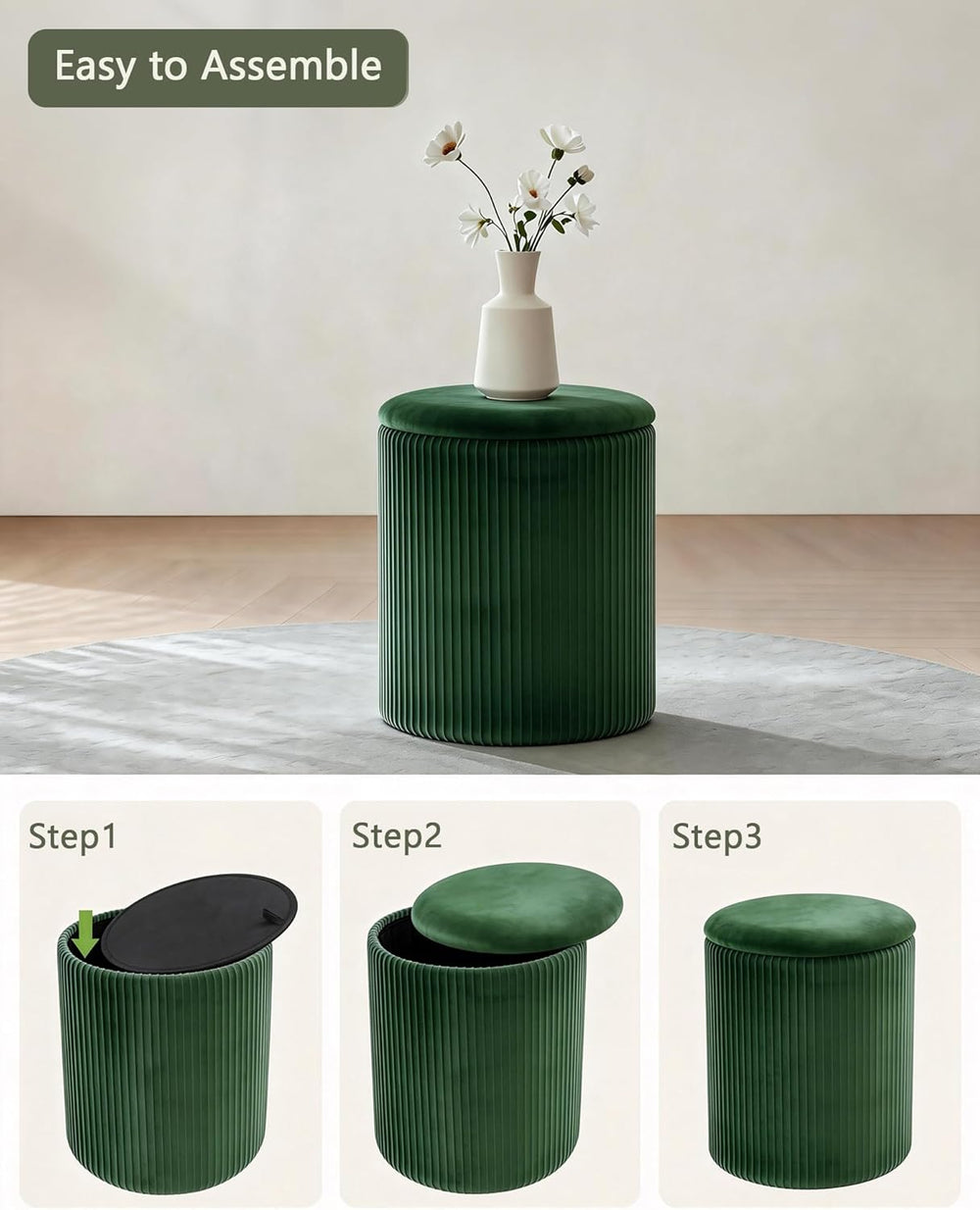 LITZFUR Round Ottoman with Storage, Velvet Foot Rest Stool, Green