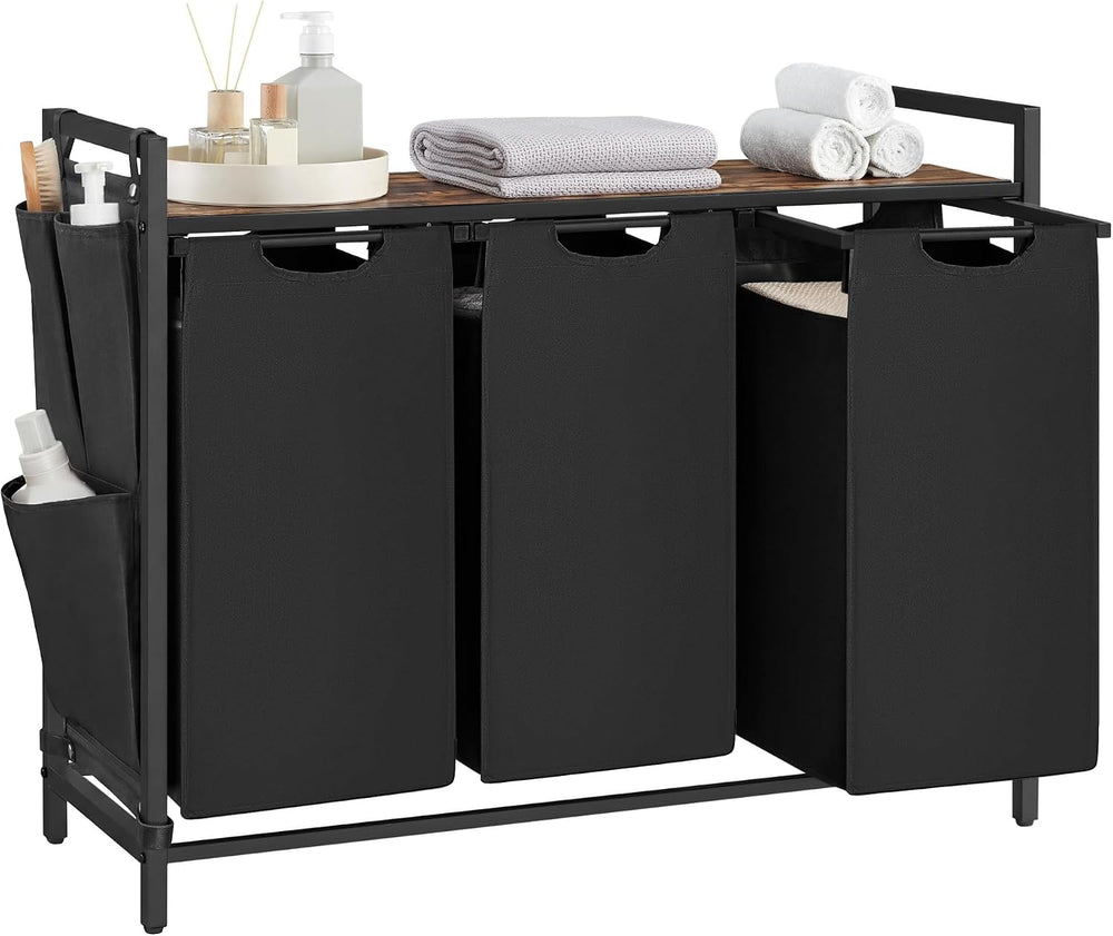 VASAGLE Laundry Hamper with Shelf, 3 Pull-Out Bags, 3 x 10.6 Gallons (40 L)