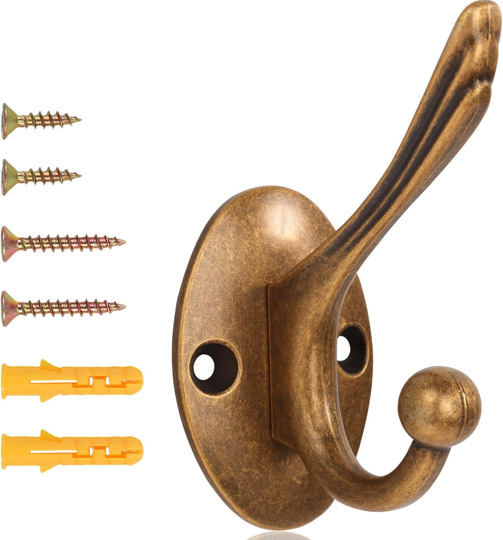 Antique Brass Heavy Duty Wall Hooks – 6 Pack Rustic Coat Hooks for Hanging Co...