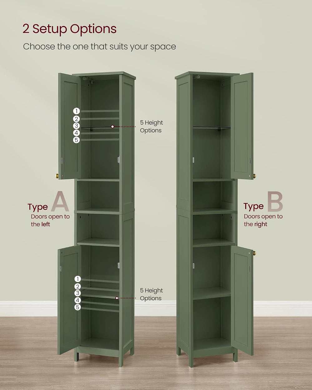 VASAGLE Tall Storage Cabinet with Lights, Slim, 11.8" W, Forest Green