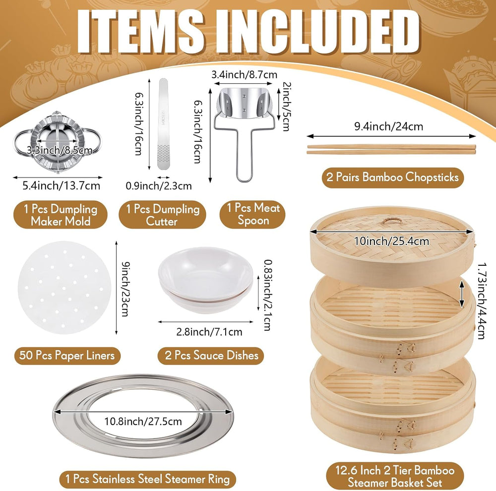 Tessco for you 59 Pcs 2 Tier Bamboo Steamer Basket Set, 10 Inch