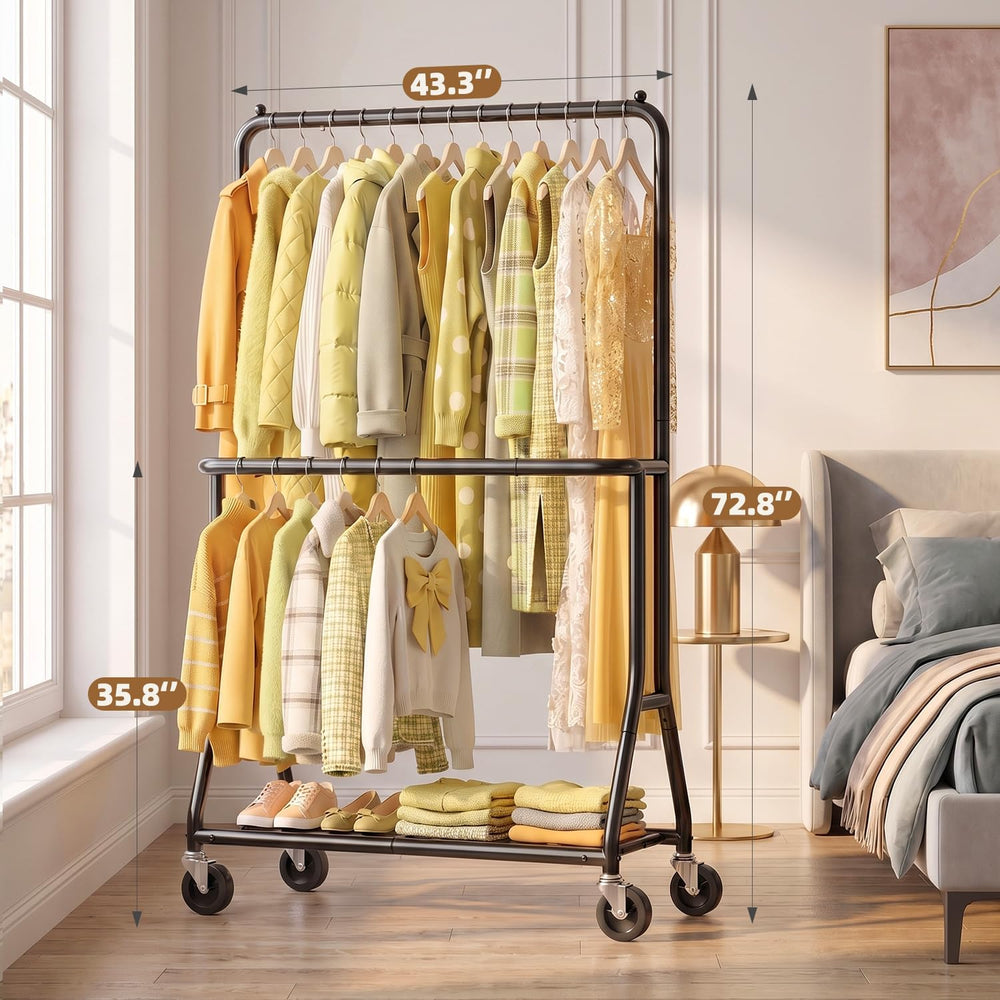 Heavy Duty Clothes Rack with Wheels, Double Rod, 655 lb, Black