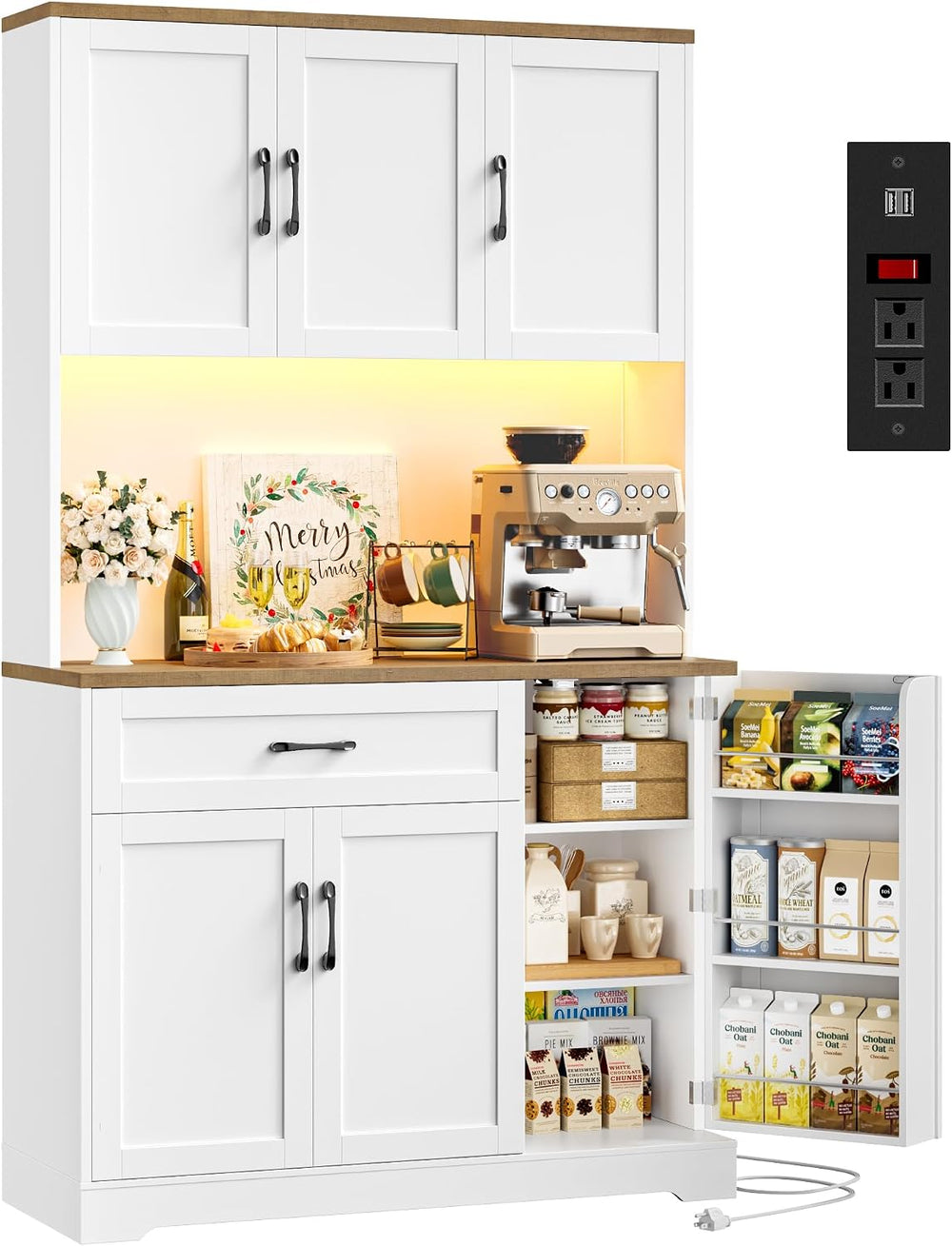 71'' Tall LED Kitchen Pantry Cabinet with Power Outlet & Door Rac...