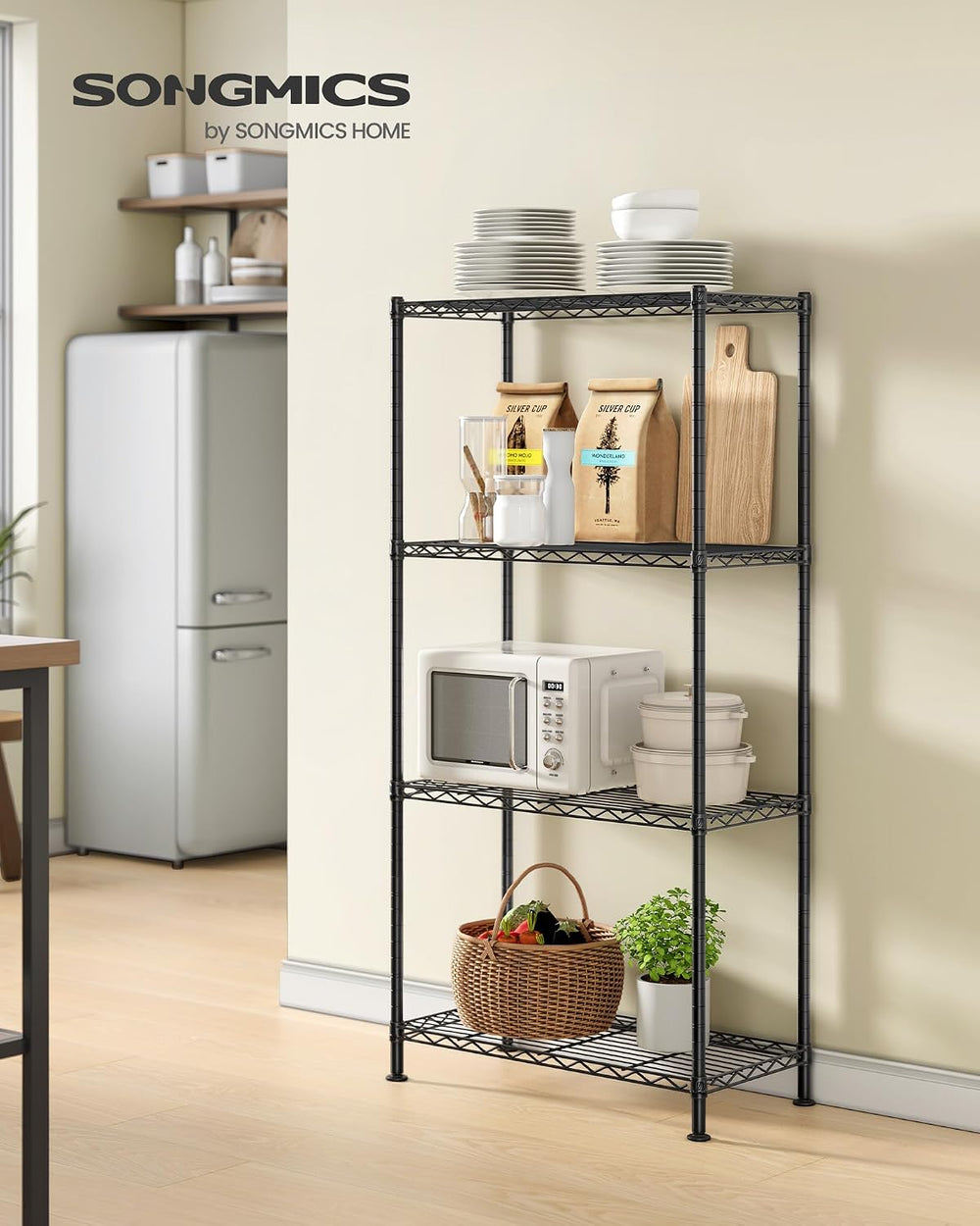 SONGMICS 4-Tier Storage Shelves, Adjustable Wire Shelving Unit, 8 Hooks