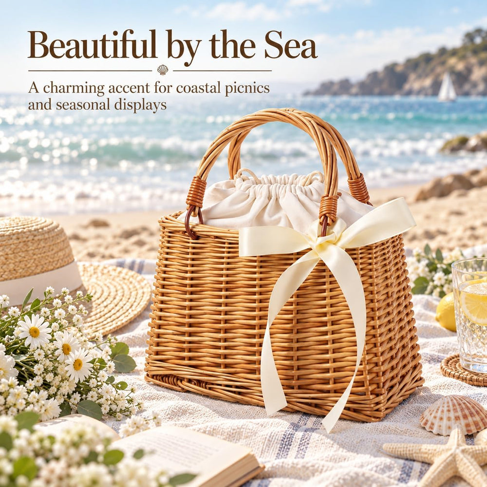 Cabilock Flower Girl Basket, Woven Rattan Wedding Petal Basket with Bow
