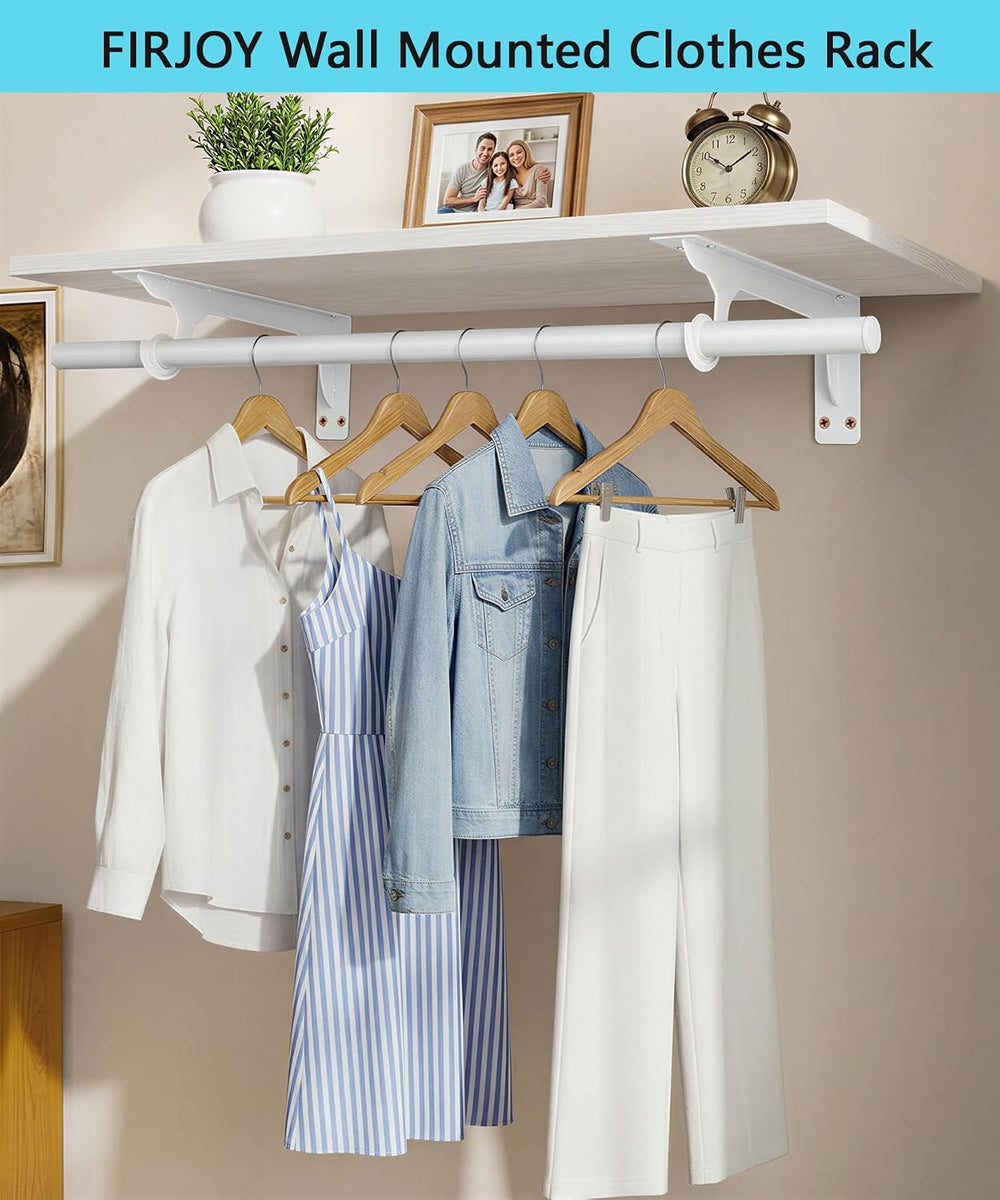 Wall Mounted Clothes Rack, with Top Shelf and Hanging Rod, Heavy Duty (White,...