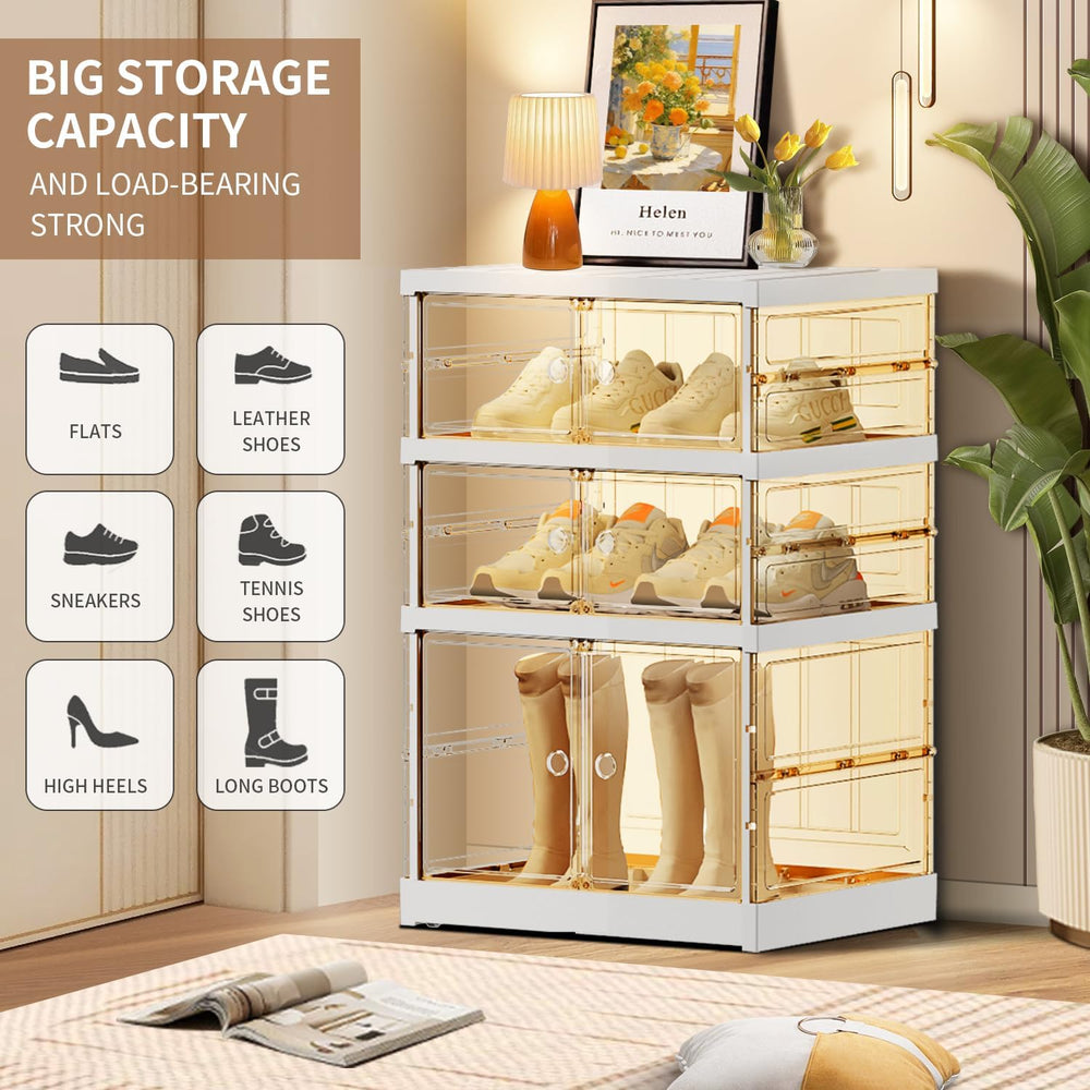 CIMLORD 3-Tier Foldable Shoe Organizer, Magnetic Doors, 3-6 Pairs, White