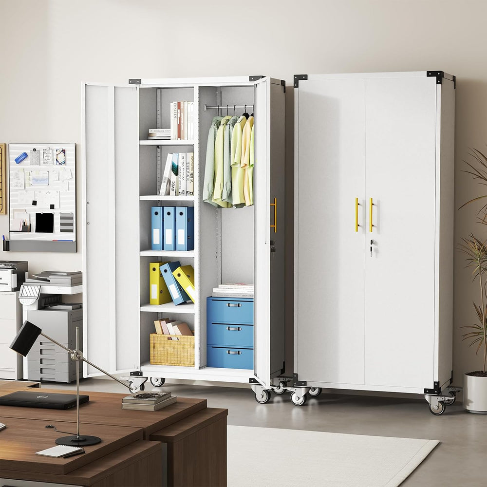 pozdeg 71" Rolling Lockable Metal Broom Closet Storage Cabinet, Grey White