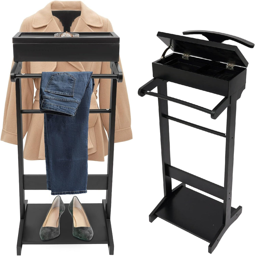 Wood Mens Valet Stand With Shoe Shelf, Coat Hanger and Hat Rack - Freestandin...