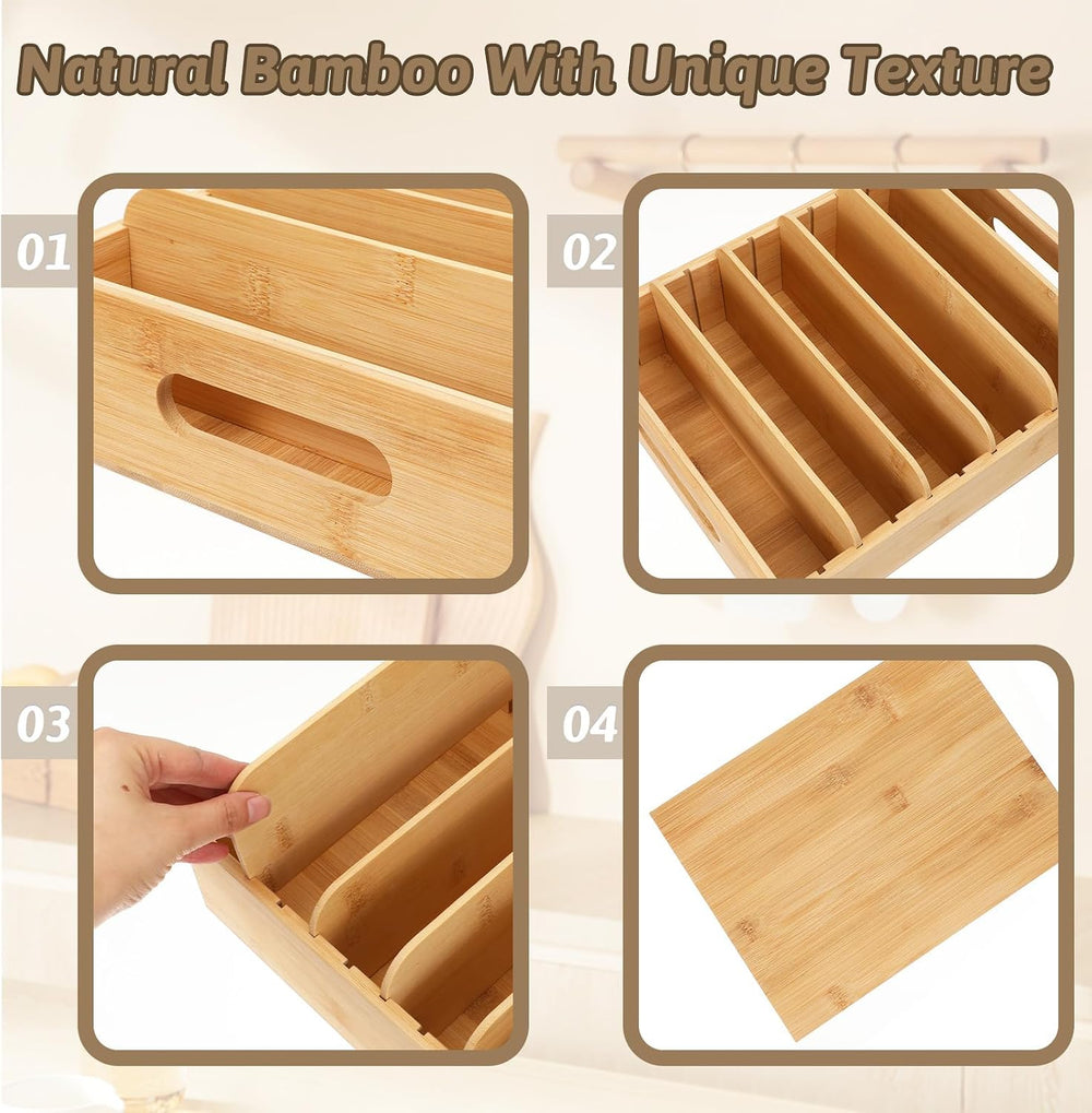 2 Pack Bamboo Lid Holder with 5 Adjustable Dividers Food Container Kitchen Ca...