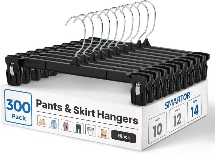 Smartor Black Pants Hangers 300 Pack, Skirt Hangers with Clips, 14 Inch