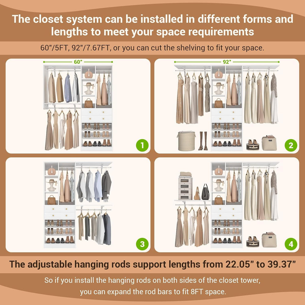 Besiost Closet System - 60"/92" Closet System with Drawers, 5FT/7.6...