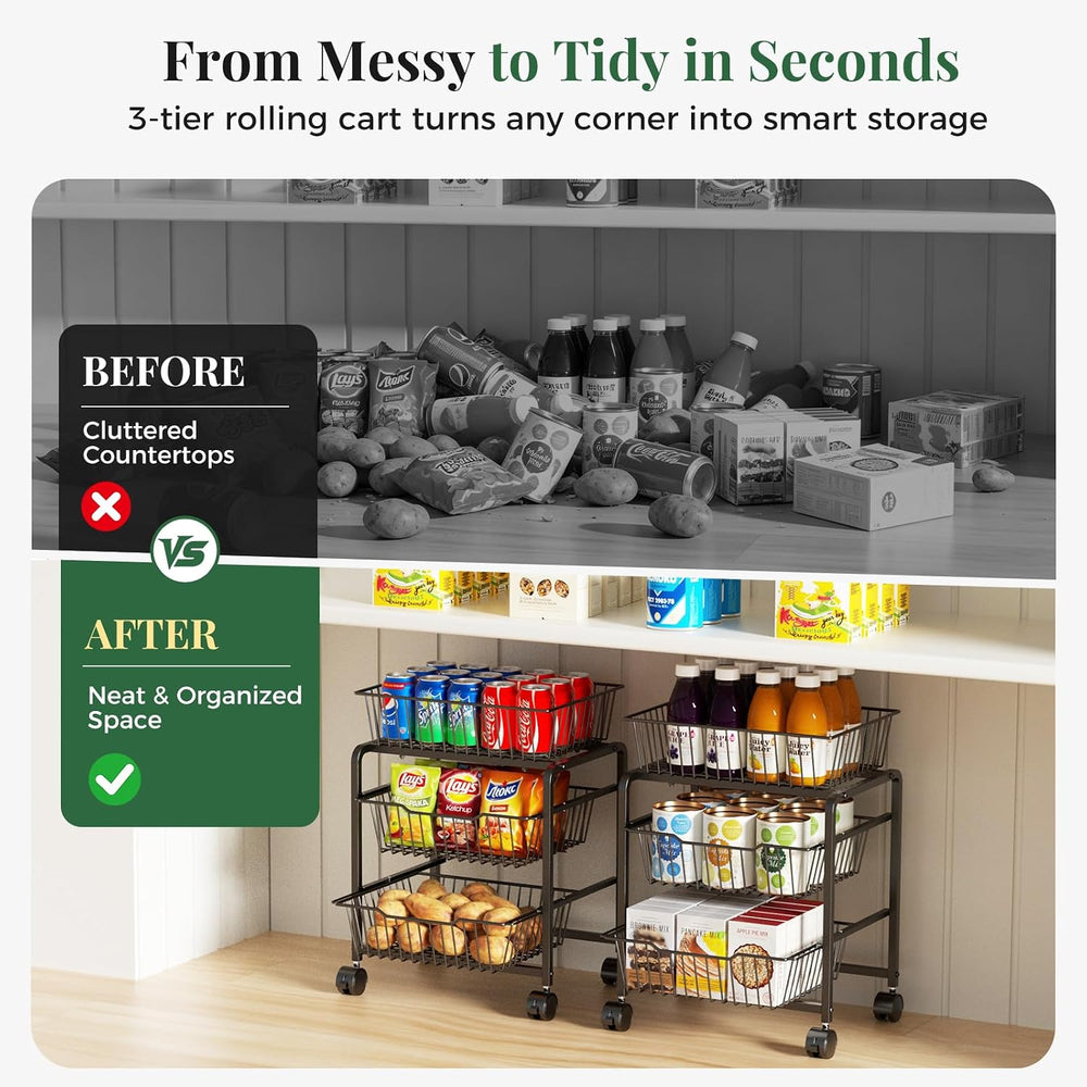 3-Tier Pull-Out Rolling Pantry Floor Organizer and Storage Cart with Wheels
