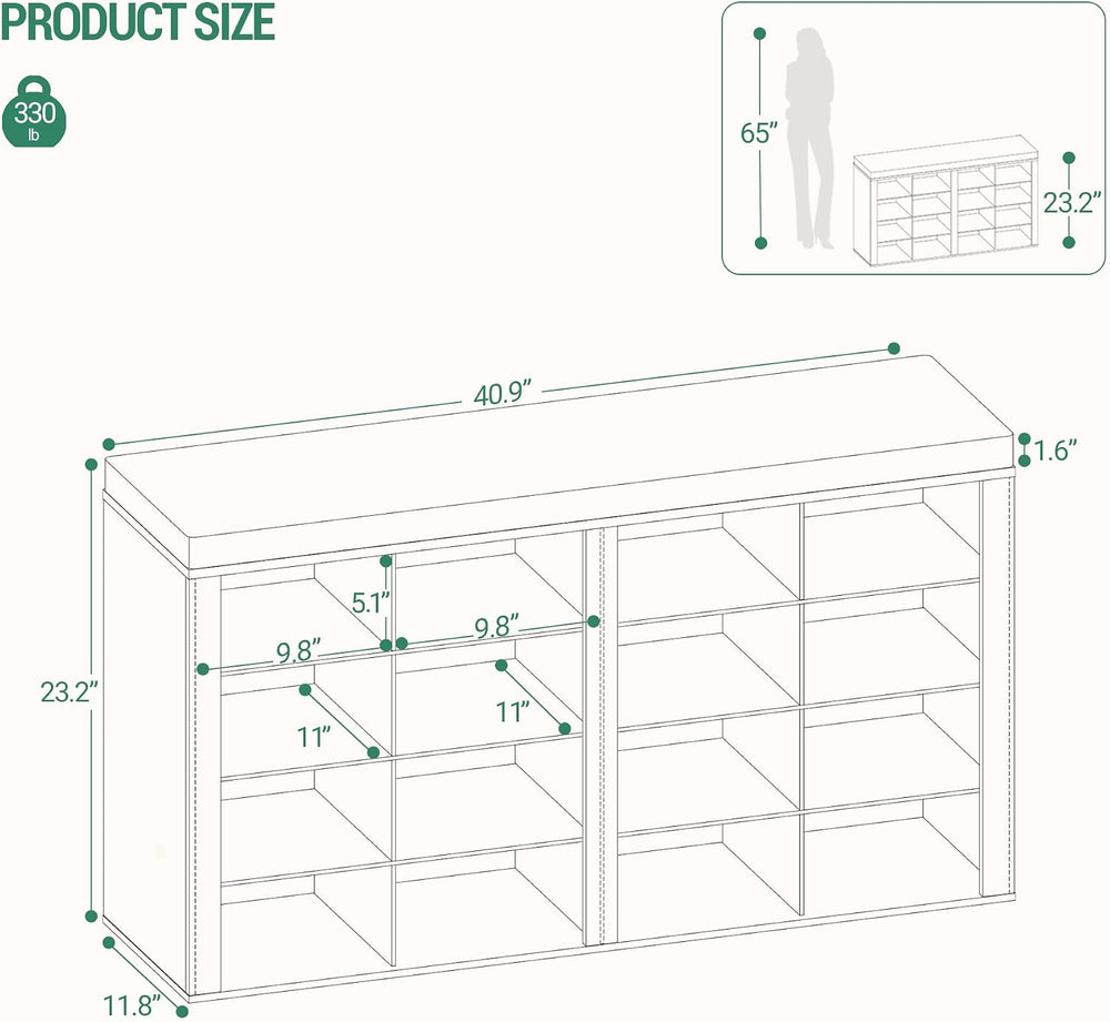 Hzuaneri Shoe Storage Bench with Cushion, Entryway 16-Cubby Shoe Rack
