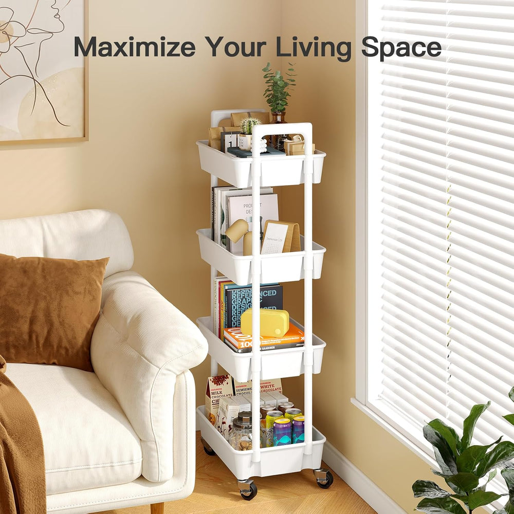 Pipishell 4 Tier Rolling Cart with Handle & Wheels for Storage, White