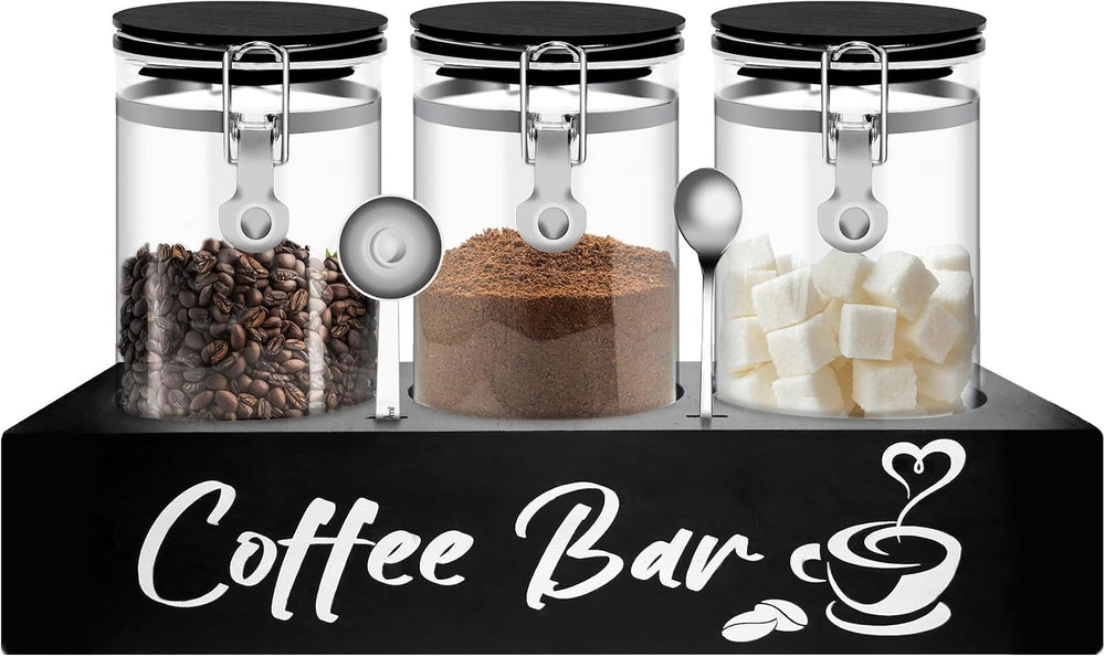 MACIFECI Glass Coffee Containers with Shelf Coffee Station Organizer 54oz Bla...
