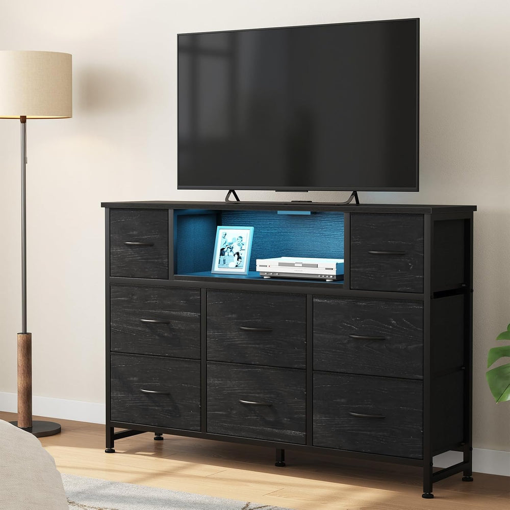 DUMOS LED Entertainment Center, TV Stand Dresser with Charging Station