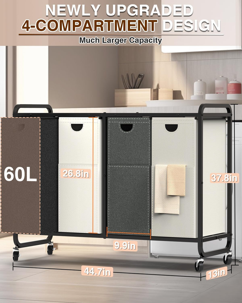 Laundry Sorter 4 Section,Laundry Basket with Wheels,4×15.8 Gal (60L) Laundry ...