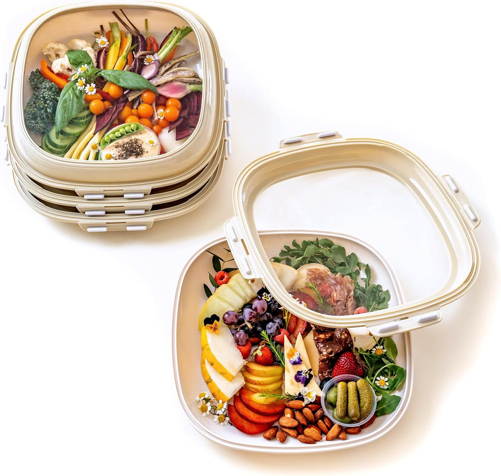 Crudités Portable Stretch-Lid Snack Tray, Square 4-Pack, Cream White