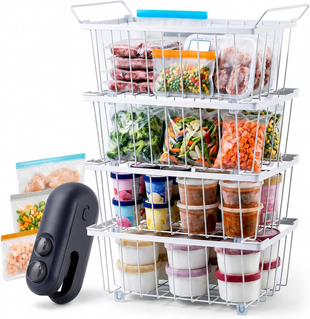 Deep Freezer Organizer Bins 4-Pack White with Portable Heat Sealer & Reus...