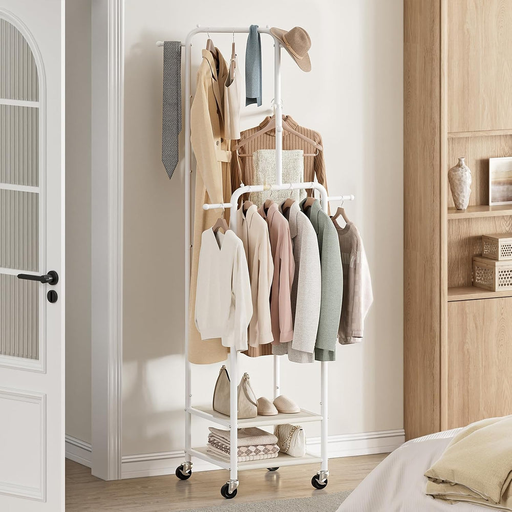 Chrislley Small Clothing Rack With Wheels & 2 Shelves, Narrow Clothes Rack
