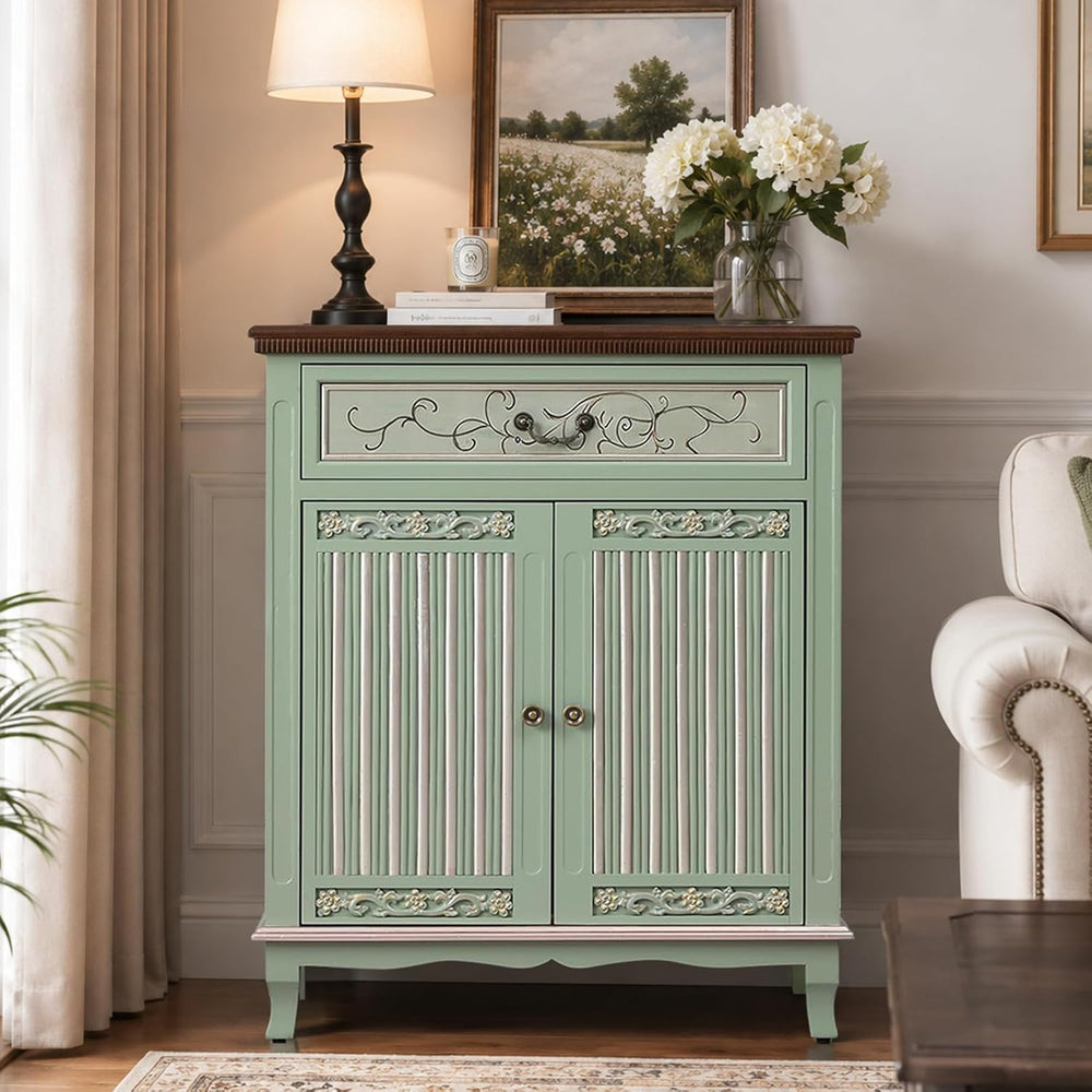 Ahokua Sage Green Accent Cabinet with Drawer and Textured Doors, Farmhouse St...