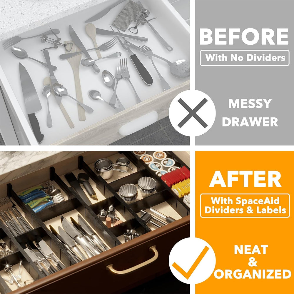 SpaceAid Bamboo Drawer Dividers with Inserts and Labels, Kitchen Adjustable D...