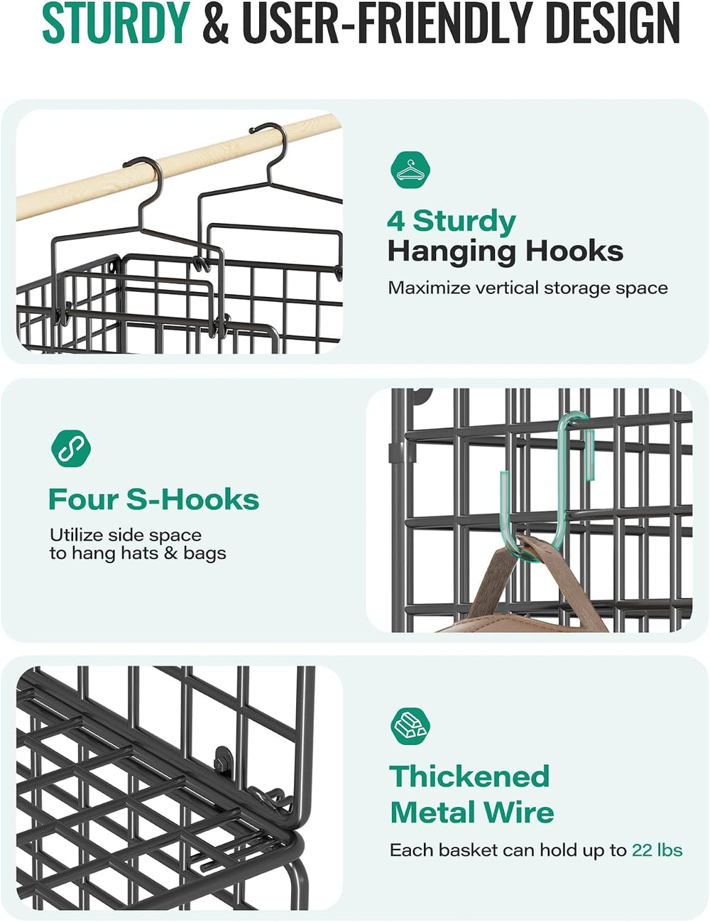 Hanging Closet Organizer, 4 Tier Metal Closet Organizers and Storage with 4 H...