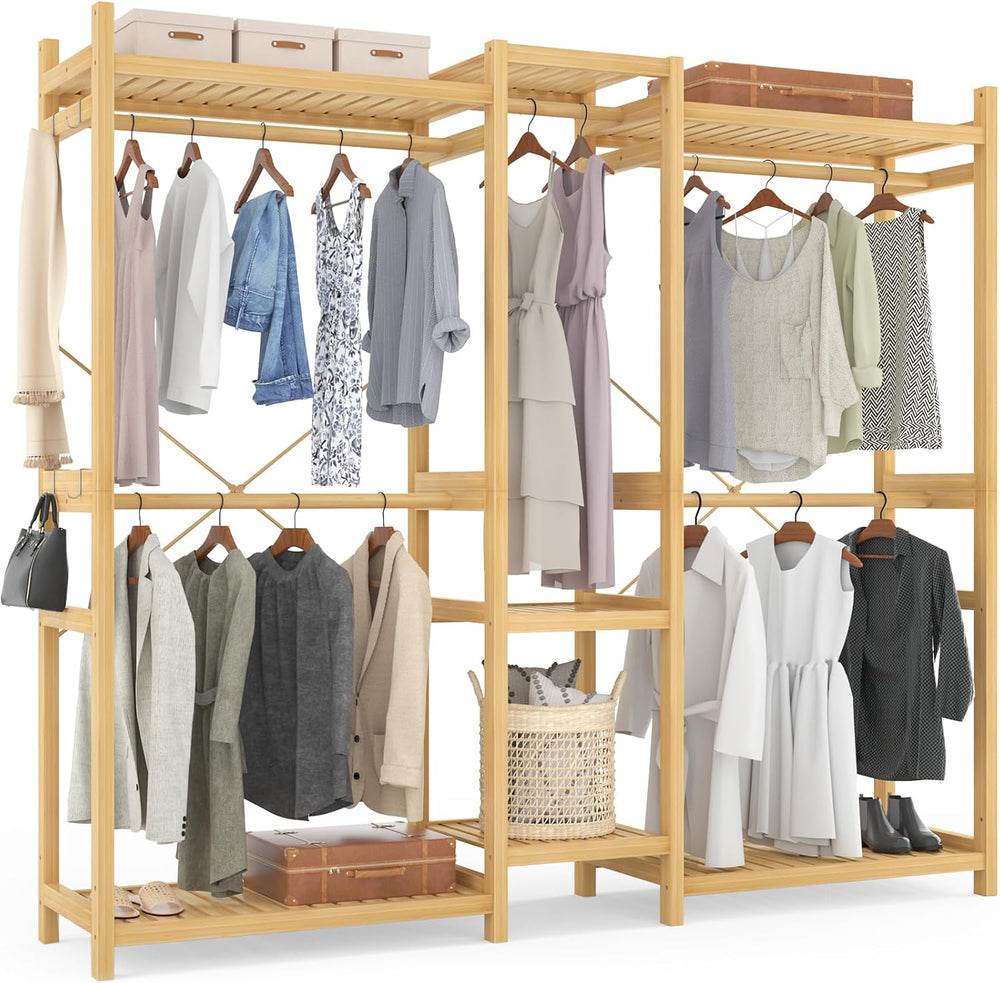 Homykic Bamboo Clothing Rack with 7 Shelves, 5 Hang Rods, 70” Wide, Natural