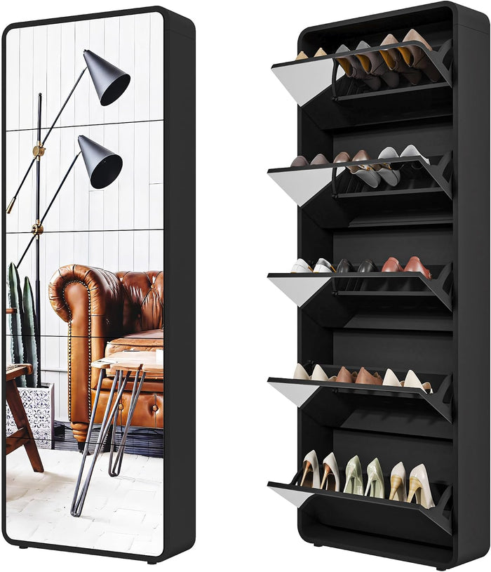 Mirror Shoe Cabinet with 5 Flip Drawers, Black Slim Shoe Storage