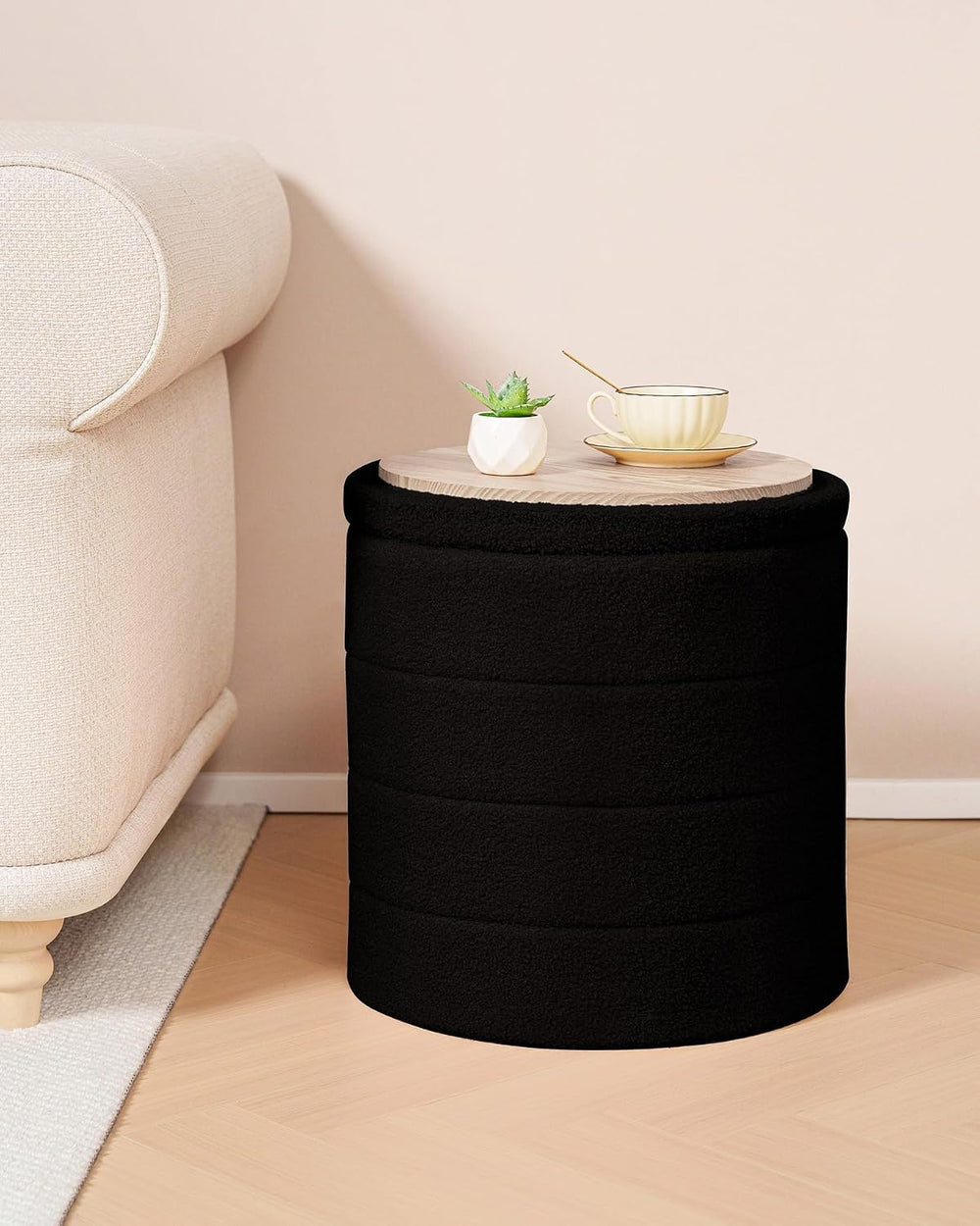B FSOBEIIALEO Folding Storage Ottoman, Round Sherpa Ottomans, Black