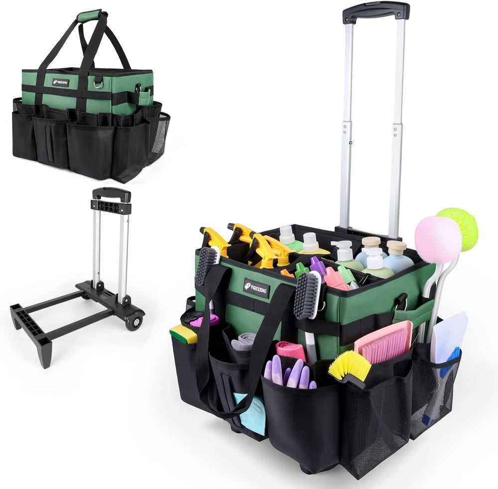 Large Rolling Cleaning Caddy Bag with Wheels, Cleaning Bag with Detachable Tr...