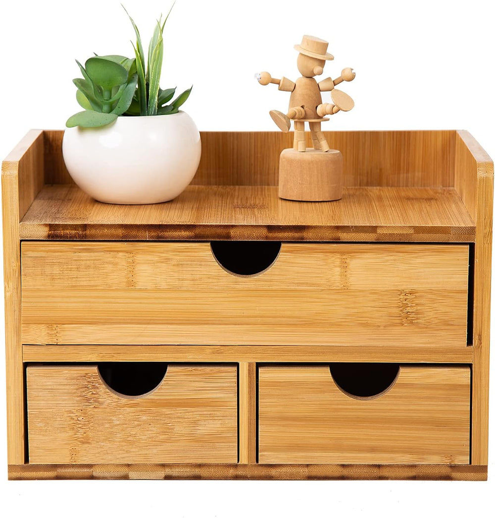 Rustic Bamboo Desk Organizer with Drawers,3-Drawer Desktop Storage Box