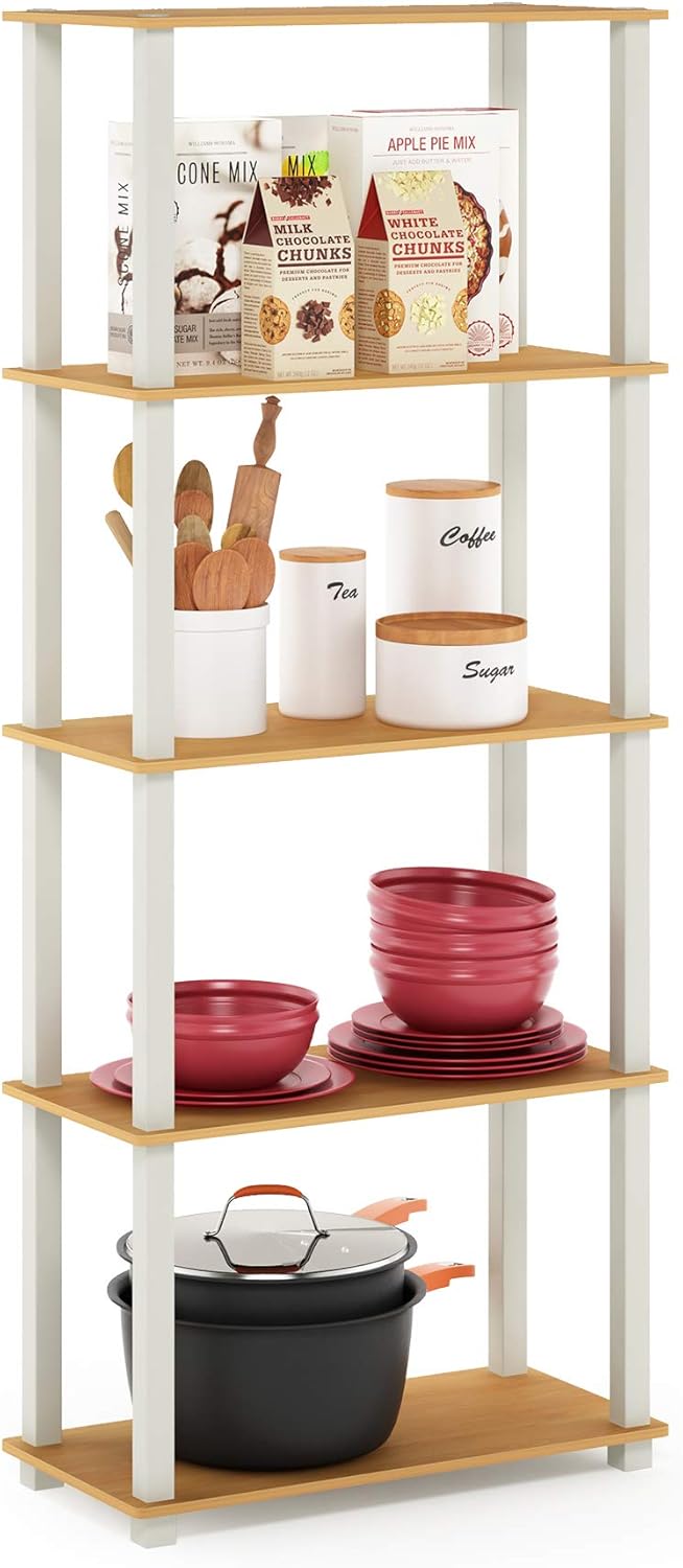 Furinno Turn-S-Tube Toolless Assembly 5-Tier Oak Storage Shelves with Square ...