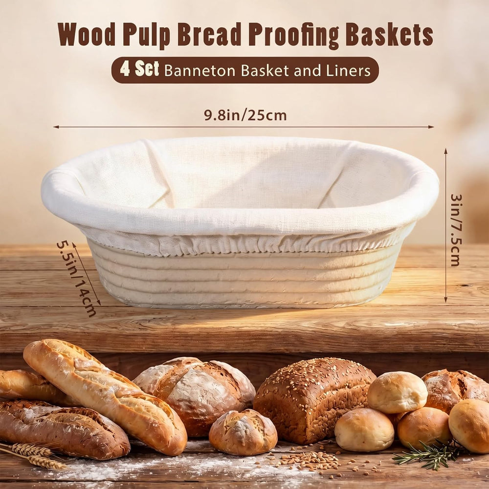 4 Pack Banneton Bread Proofing Basket Wood Pulp, Beige, Oval