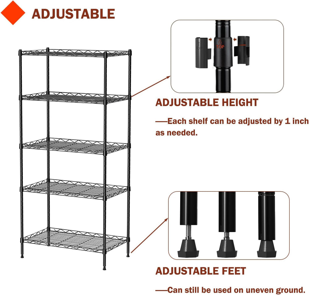 5 Tier Standing Metal Wire Shelving Unit, Adjustable Height, Storage Shelf Un...