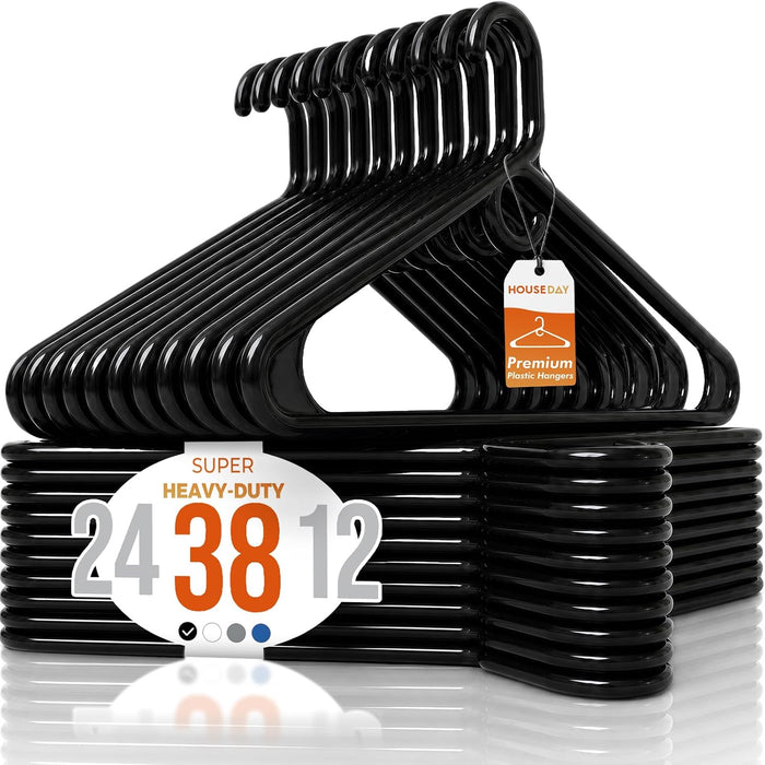 HOUSE DAY Heavy Duty Plastic Hangers 38 Pack - Thick Black Clothes Hangers