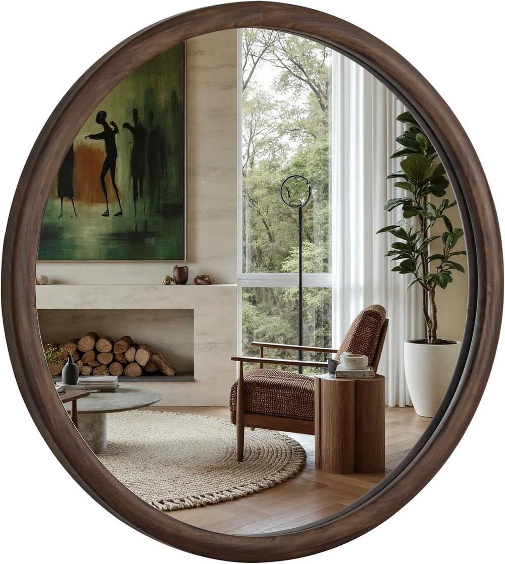 HOMECOOKIN 28 Inch Round Mirror, Farmhouse Wood Grain Framed Wall Mirror, Cir...