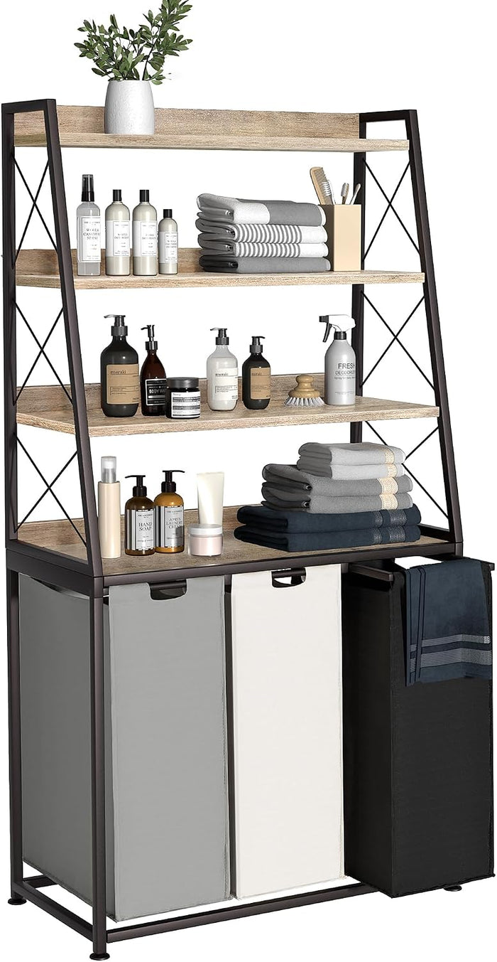 Herture Laundry Basket, 3 Section Laundry Hamper with 4 Tiers Shelf, Pull-Out and Removable Laundry Bags, Large 3 x 15.87 Gallons, for Laundry Room Bathroom Greige PF05XLZ