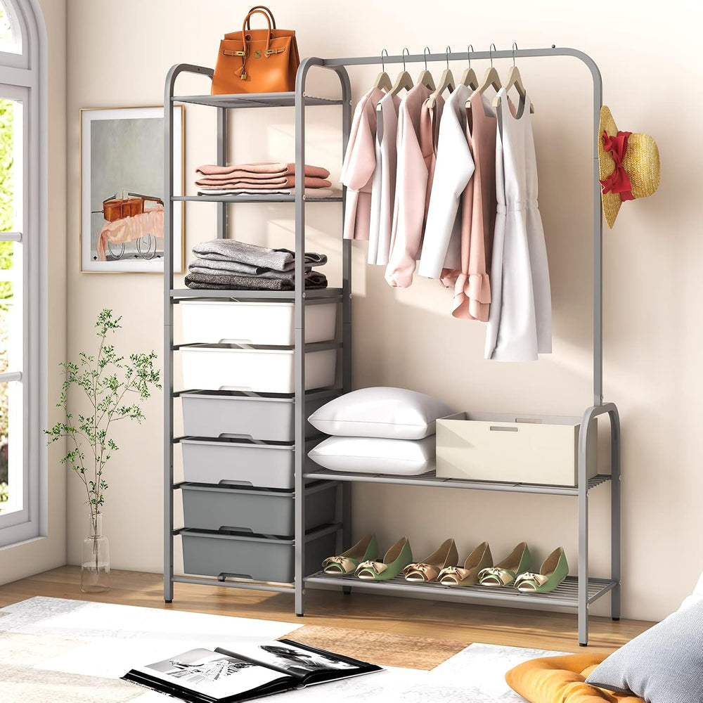 Tangkula Heavy Duty Clothes Rack with 6 Removable Drawers, 3-Tier Open Shelve...