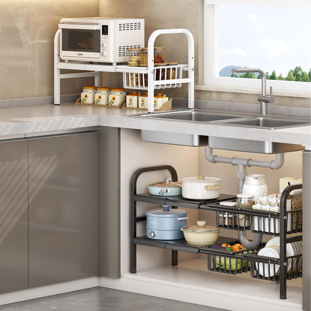 Under Sink Organizer，2 Tier Expandable Heavy Duty Metal Shelf，with 5 Removabl...