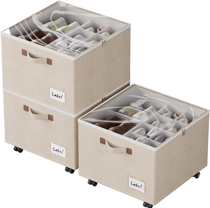3 Pack Shoe Organizer for Closet, Storage Organizer Box with Wheels, Closet Shoe Organizer Fits up to 16 Pairs, Storage with Adjustable Dividers, Clear Cover Shoe Organizer Beige