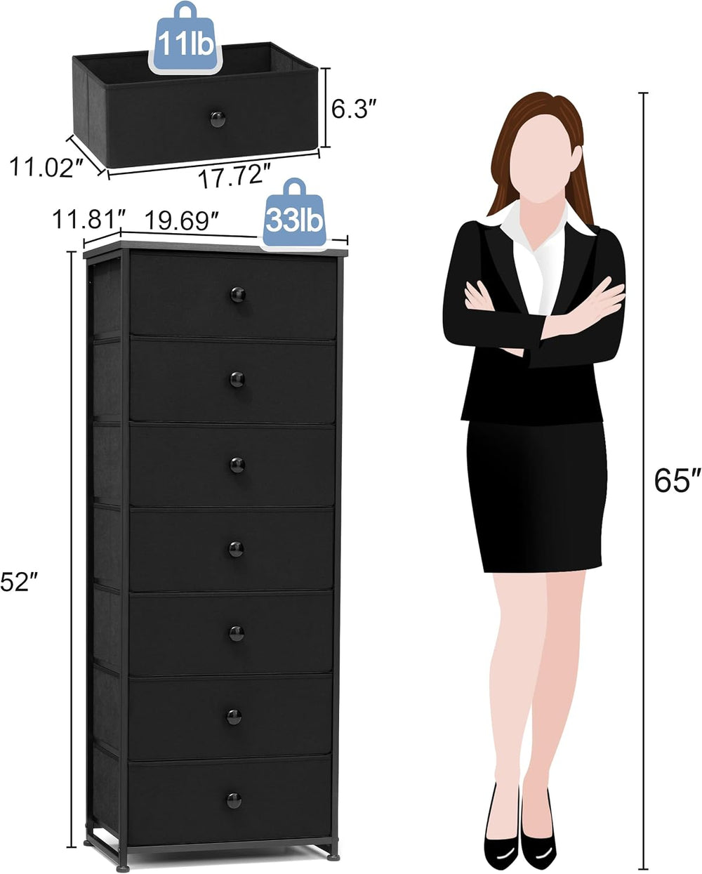 Fabric Dresser for Bedroom, 7-Drawer Tall Vertical Storage Tower (Black)