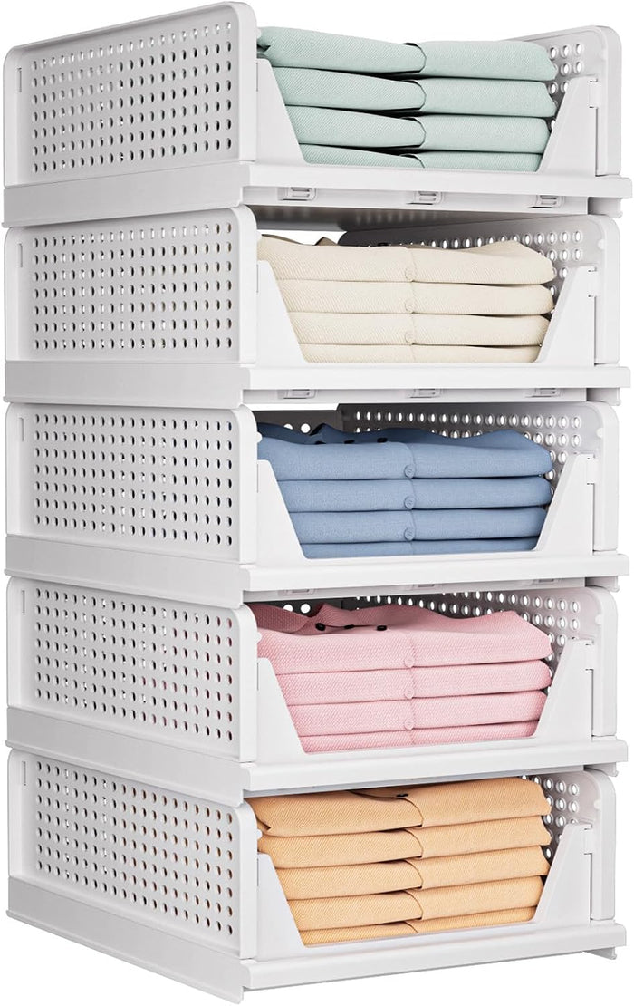 5 Pack Folding Closet Organizers Storage Box, Stackable Storage Bins, Plastic Drawer Basket Closet Storage for Wardrobe Cupboard Kitchen Bathroom Office White-5L