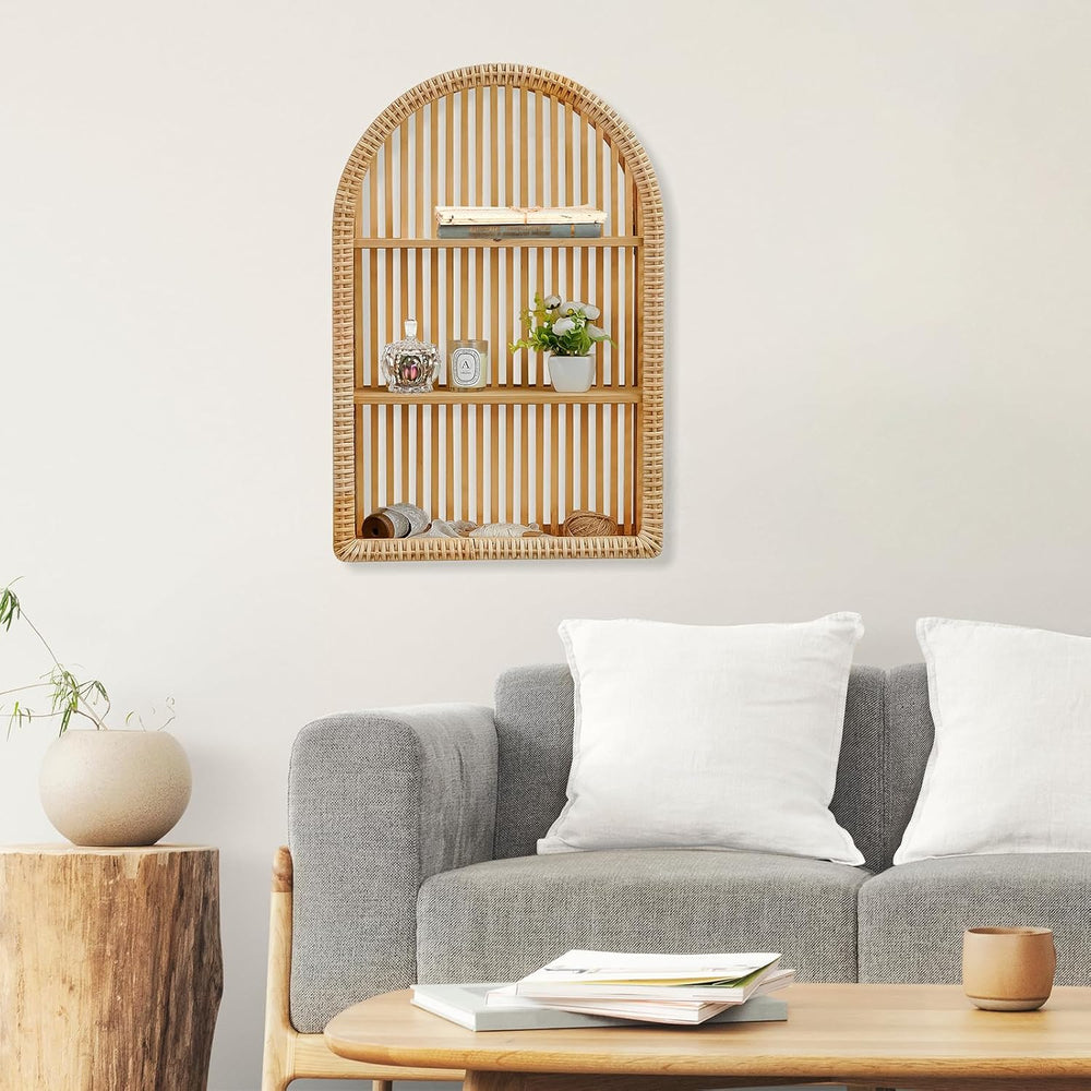 Rattan Wall Shelf - 3 Tier Boho Arch Hanging Shelves Handcraft Floating Shelf...