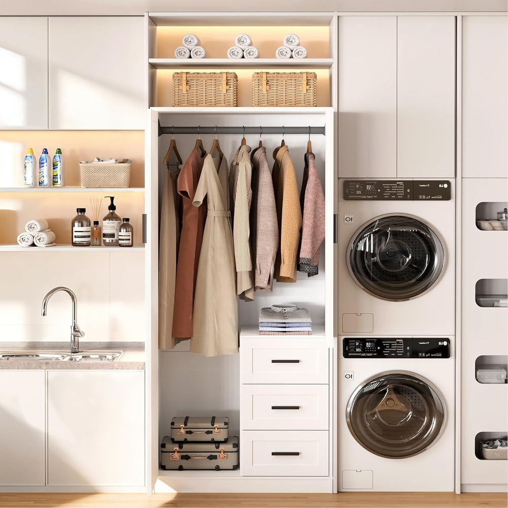 Wardrobe Closet with Doors, Bedroom Armoire with 3 Drawers and Hanging Rod