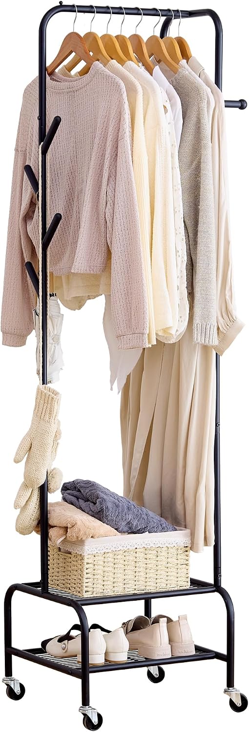 Heavy Duty Clothing Rack with Wheels, Garment Rack, Freestanding Coat Rack with 6 Hooks for Entryway, Bedroom Metal Clothes Hanger Stand for Hats, Jackets, Bags,Shoes (Black, Double-layer)