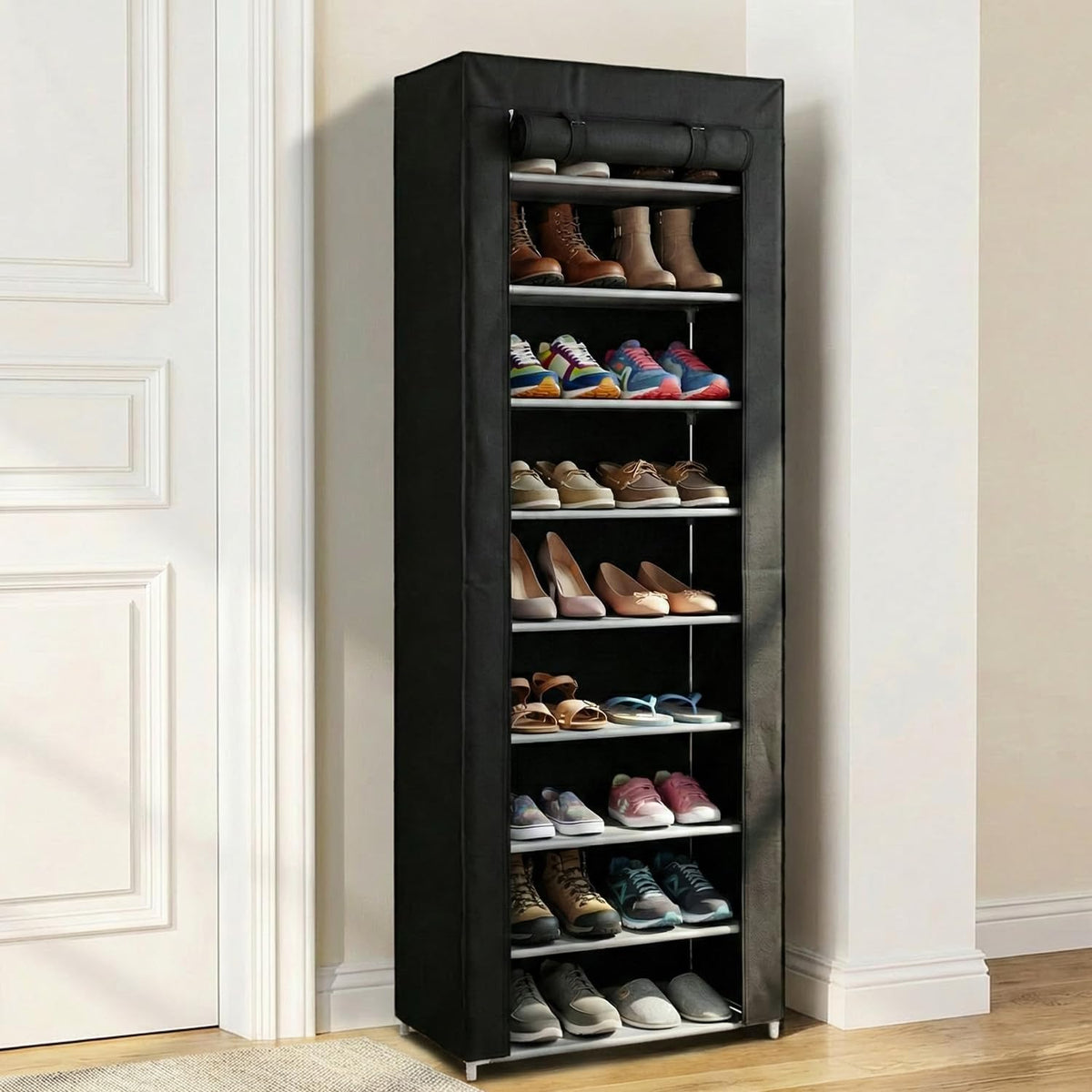 10 tier shoes rack with dustproof cover, shoe, main product view