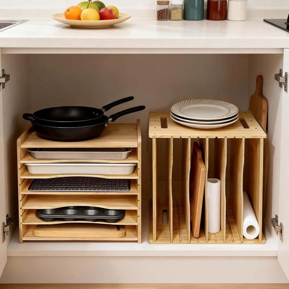 6 Tier Wooden Tray Dividers for Cabinets, Cookie Sheet Organizer 15.7" W...