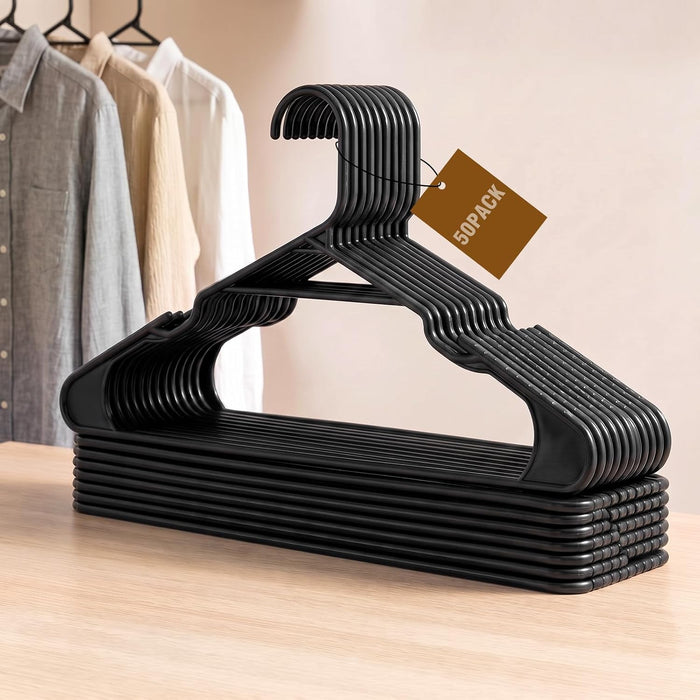 Lineshading 50 Pcs Slim Plastic Hanger Bulk Black Clothing Hanger Shoulder